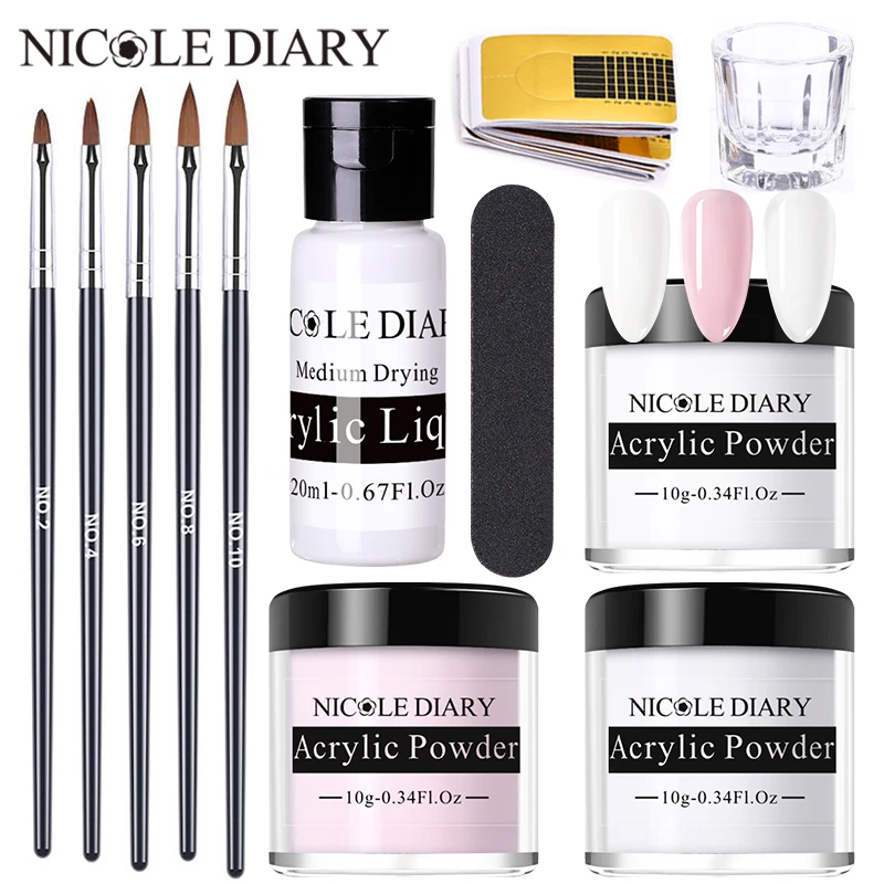 NICOLE DIARY Nail Acrylic Powder Liquid Set Nails Art Decoration For Manicure Kit Crystal Nail Glitter 3D Nail Tips Carving Tool