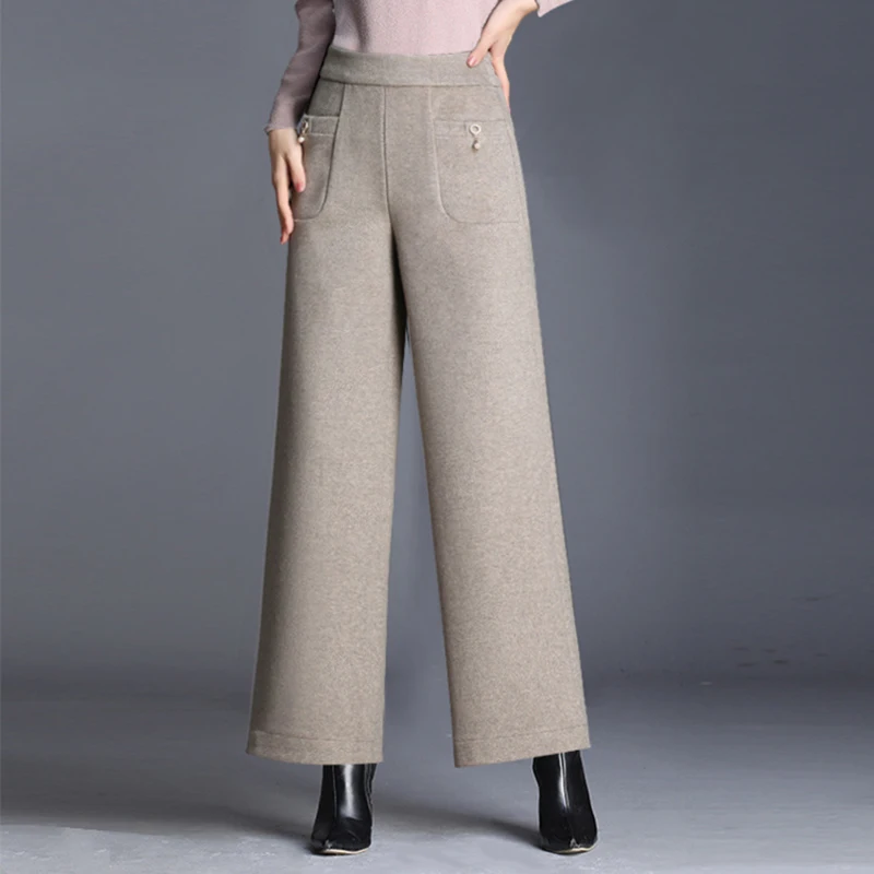 Autumn Winter Woolden Wide Leg Pants Women Solid Colors High Waist Baggy Trousers Casual Korean Big Size Loose Ankle-Length Pant