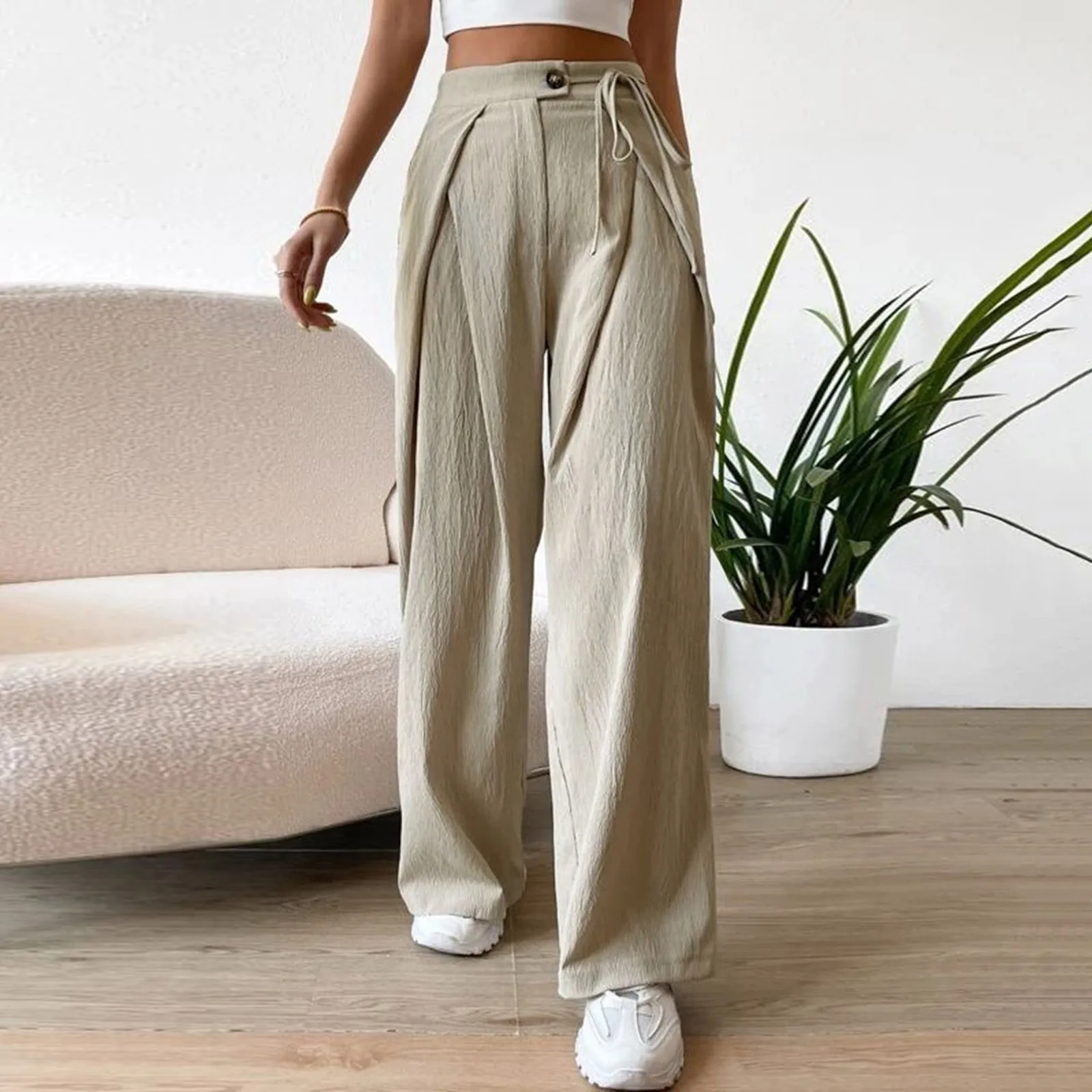 

Women Spring Summer Wide Leg Pants Lace up stitching Casual High Waist Straight Pant Loose Sweatpants Long Trousers