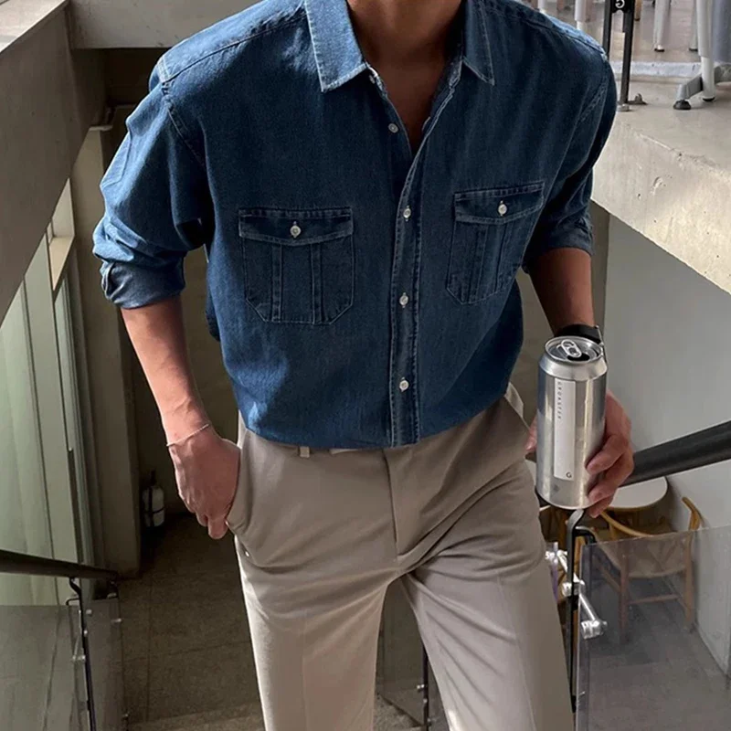 Denim Shirt Long Sleeve Patchwork Pockets Button Cardigans For Men