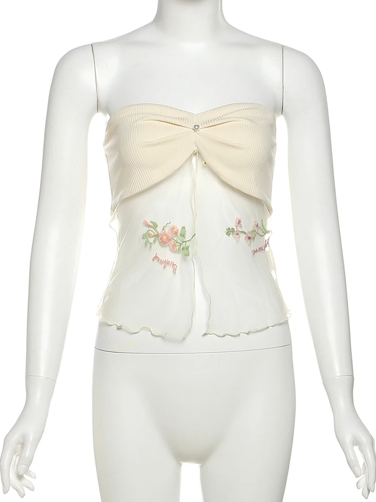 Nibber Sweet 2-Piece Set Women Mesh Patchwork Splits Sleeveless Backless Tops+Folds Skirts Vacation Beach Party Matching Suits