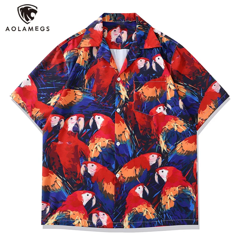 

Vintage Streetwear Men Colorful Parrot Graffiti Print Short Sleeve Shirt Summer Fashion Lapel Button Hawaiian Shirts All-match