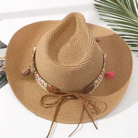 Wholesale Women Pink Tassel Cowboy Hat Floppy Beach Hats Summer Straw Hats Ladies UV Protection Hat Panama Sun Hat 3