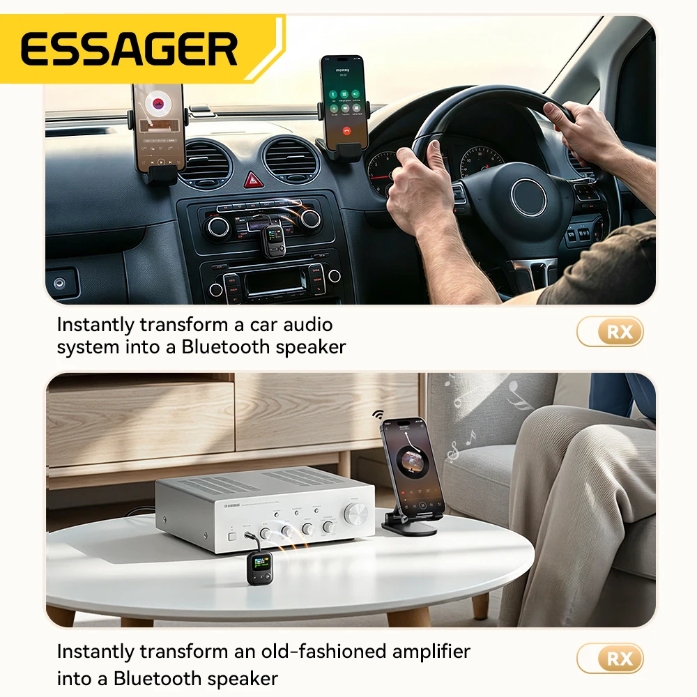 Essager 블루투스 6.0 오디오 수신기/송신기(마이크 포함) 3.5mm 잭 LCD 디스플레이(자동차/홈 스테레오/전화/헤드폰/스피커/TV용)
