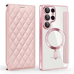 Magnetic Leather Flip Case with Transparent Card Wallet and Wireless Charging Compatibility - Galaxy S23 Ultra (Pink)