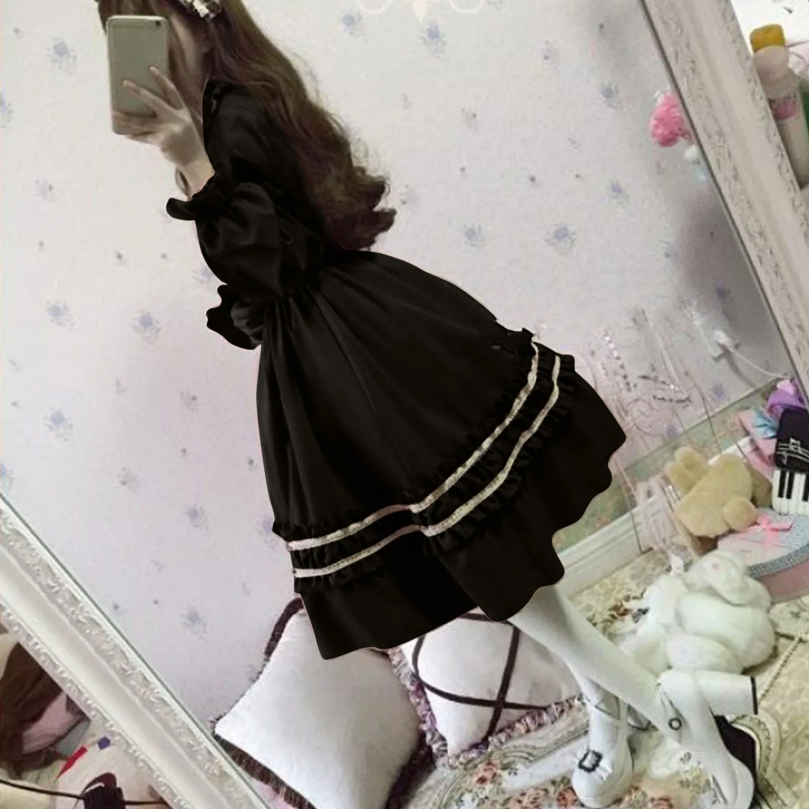 

Japanese Gothic Lolita Dress Women Kawaii Bow Lace Dress Long Sleeve Princess Dress Halloween Student Party Vestidos For Girls