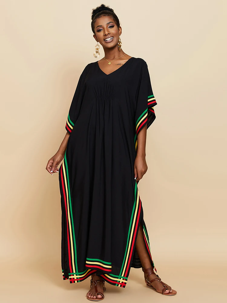 

Elegant Black Maxi Dress 2024 Robe De Plage V Neck Bohemian Long Dress Extra Sized Swimsuit Beach Clothing Cover Up Kaftan Pareo