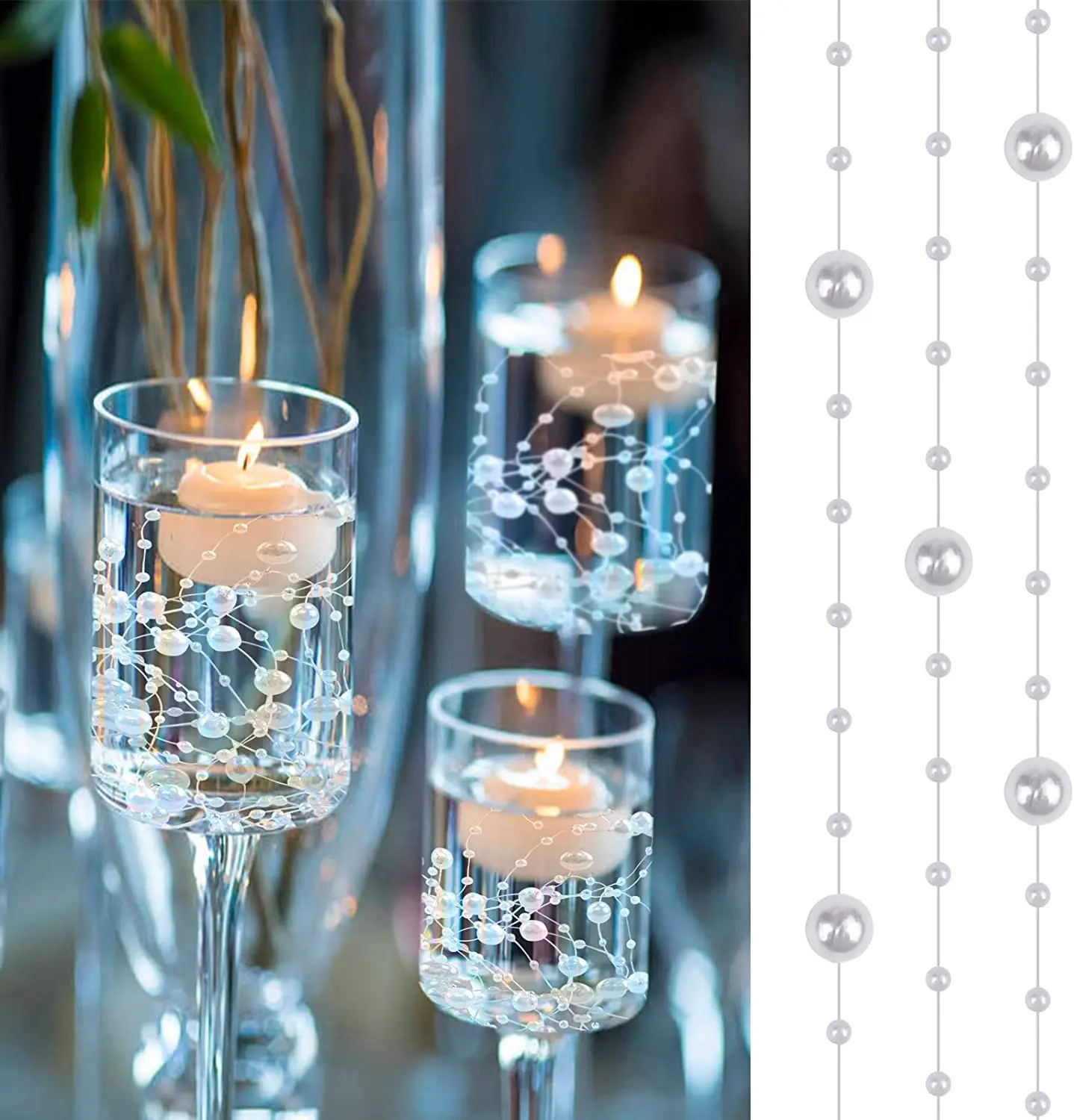 Pearl String for Floating Candle,24PCS Wedding Centerpiece for Tables,Party Garland Decoration for Vases Filler（1m/pcs）