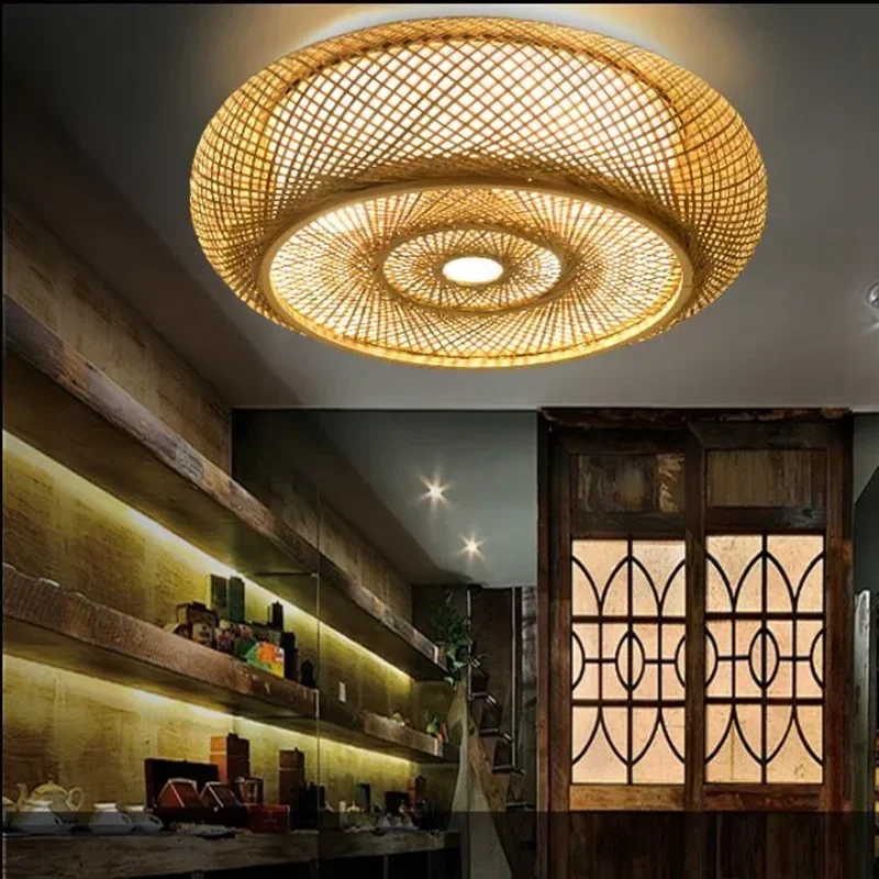 Rattan Flush Mount Ceiling Lights Fixture Boho Handmade Ceiling Chandelier Home Decorative for Bedroom Kitchen Foyer