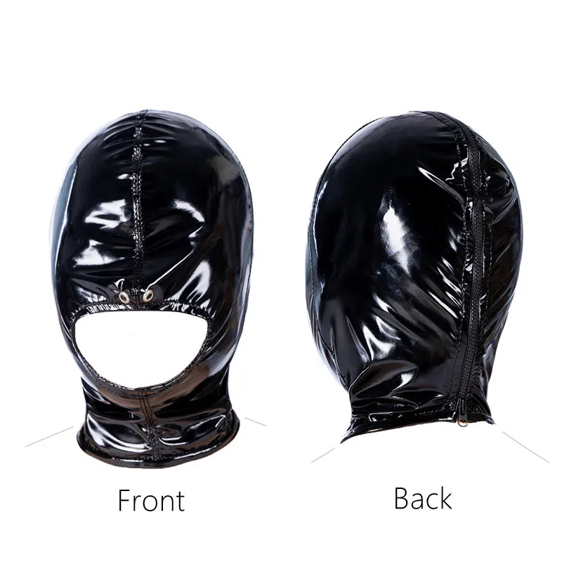 play Sexy Role Black Wetlook Sex Bondage Mask Hood with Lockable Plush Erotic Gloves H_voghion.com