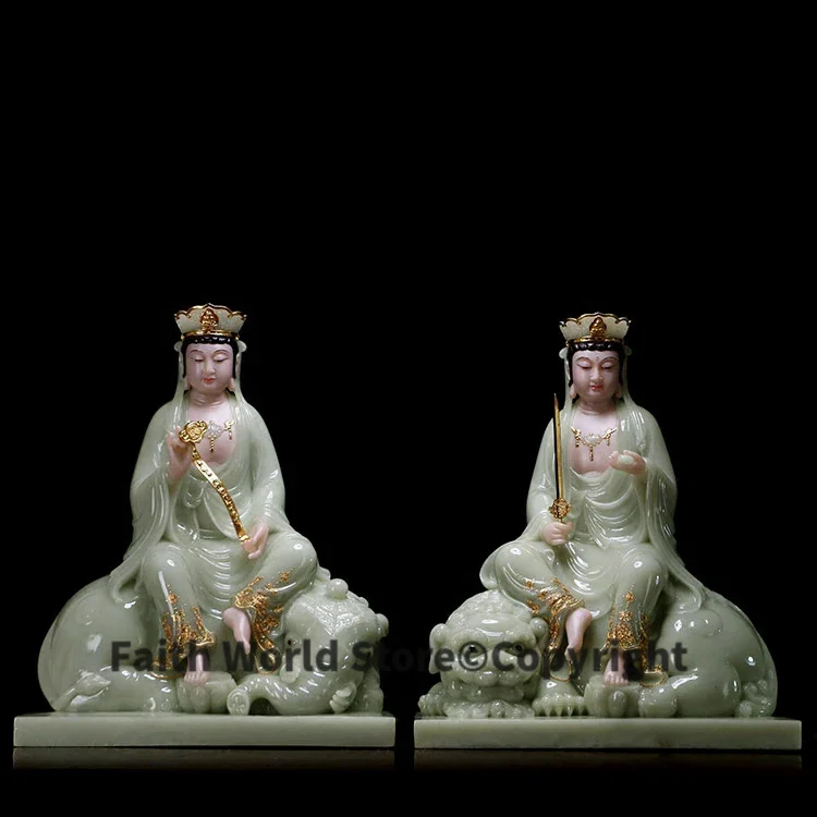 

A pair HOME Efficacious protection worship jade High grade Samantabhadra Manjusri buddha statue Auspicious Safety Healthy bless