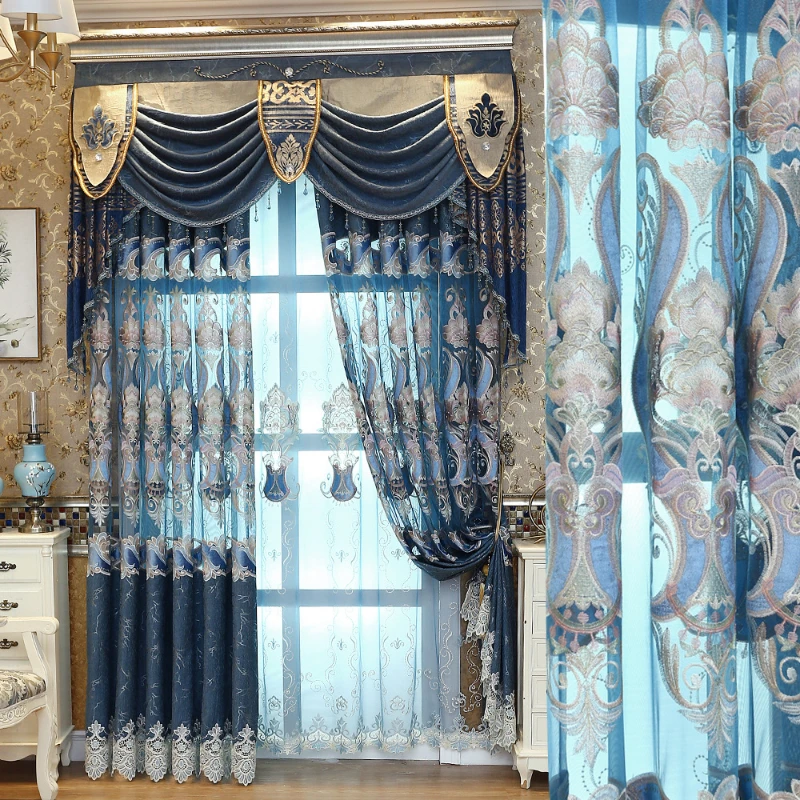 lace curtains Luxury European Curtains for Living Dining Room Bedroom Embroidered Blue Chenille Blackout Window Tulle Room Decor teal curtains