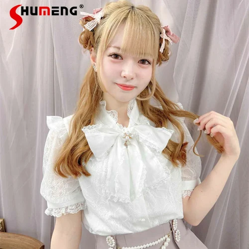 

Japanese Style Summer Women's Shirt Lace Stitching Ribbon Bow Rojita Top Sweet See-through Ruffle Short Sleeve Blouse Female