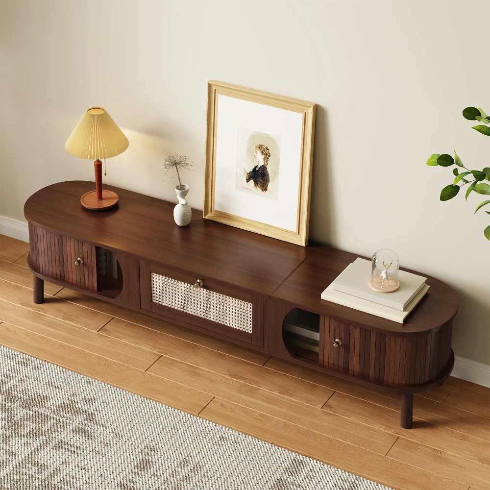 Rustikaler Bauernhaus-TV-Schrank mit Türen – TV-Konsole mit Schubladen aus Rattangeflecht, multifunktionaler Vintage-Medizinschrank – Detail 8