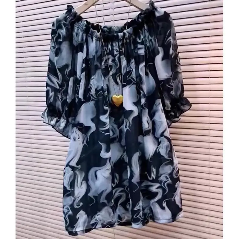 

Summer Vintage Loose Printed Chiffon Blouse Women Clothing Slash Neck Casual Tunics Ladies Ruffles Folds Short Sleeve Tops