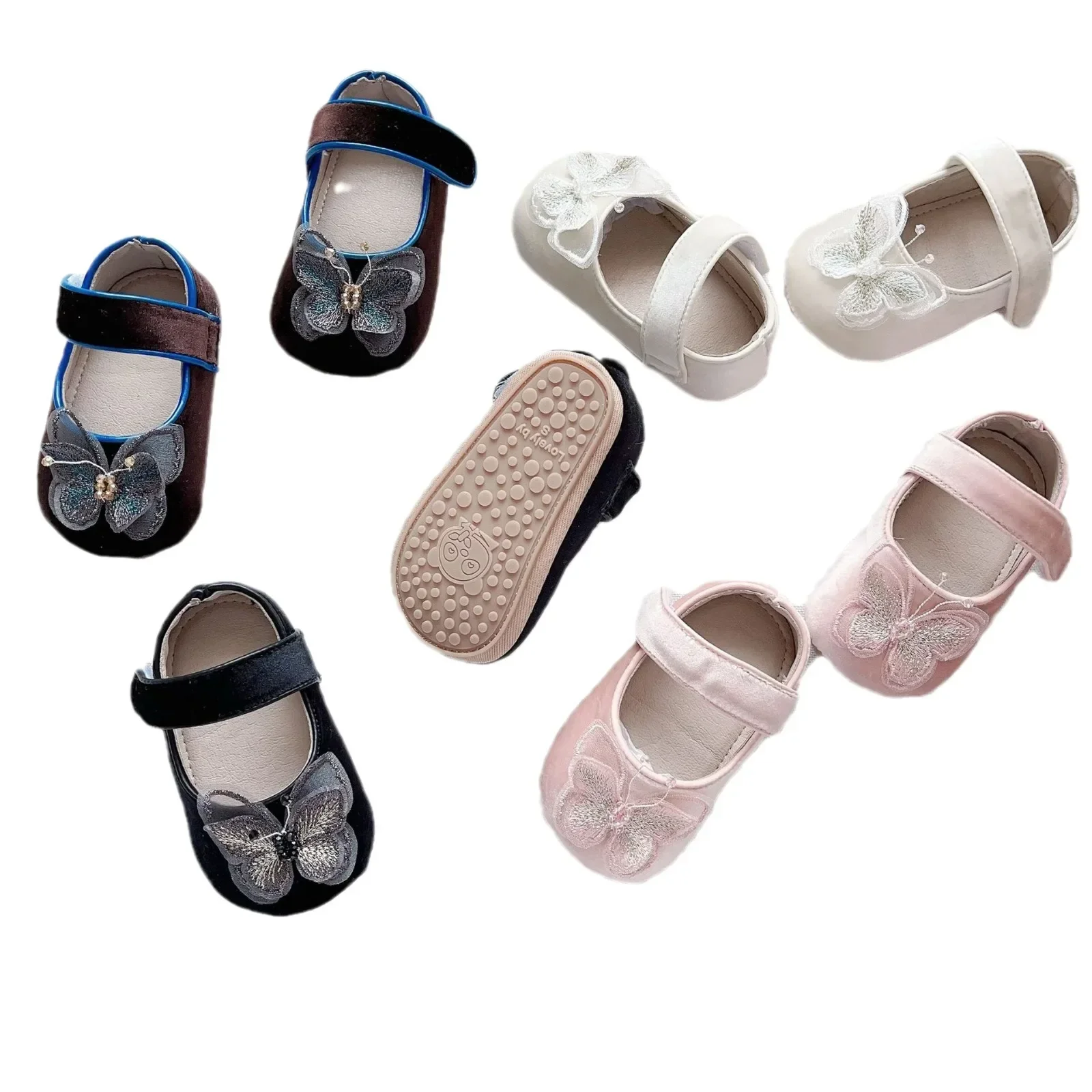 4144 Girl's Shoes 2024 Autumn New  Korean Butterfly Princess Baby Shoes Soft Bottom Anti-slip Hook and Loop Toddler Shoes 5