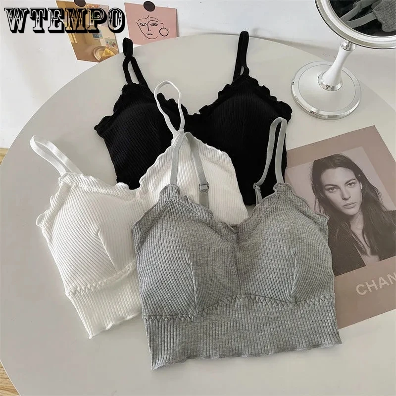 

Lace Tank Top with Built In Bra Crochet Camisole Sexy Women Camis Yk2 Padded Crop Top Sexy Lingerie Summer Ruffle Sling Tops