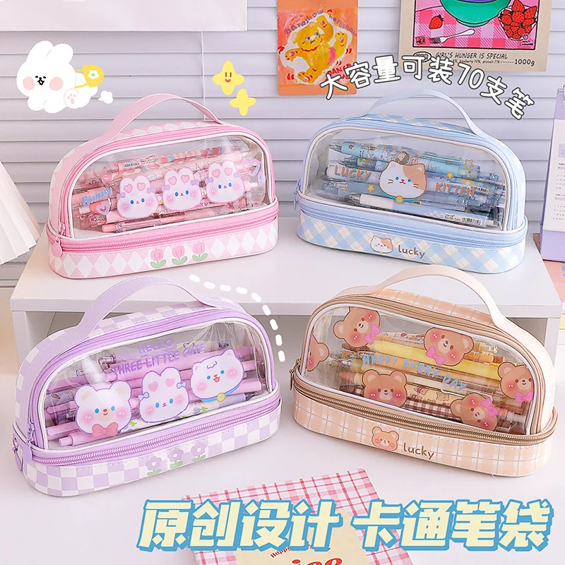Portable Double-layer Transparent Pen Bag Box Stationery Aesthetic School Cases Pencil Pouch Utilities Holsters Pencilcase Girls pencil cases pen storage bag stationery box