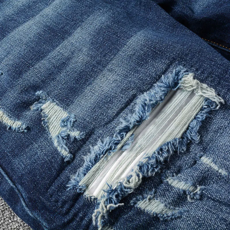 Street Fashion Men Jeans Retro Dark Blue Stretch Skinny Fit Ripped Jeans Men Orange Leather Patched Designer Hip Hop Brand Pants