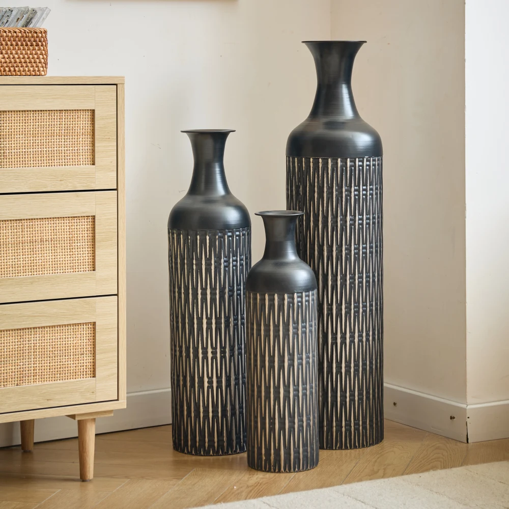 3-teilige Retro-Bodenvasen aus Metall in Weißgold (83/65/50 cm hoch), große dekorative Vasen für Wohnzimmer/Schlafzimmer, passend für Pampas-Zweige – Detail 22