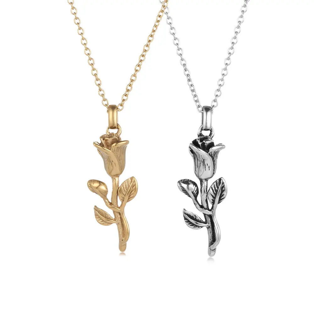 

Fashion Silver Gold Color Rose Statement Stainless Steel Necklaces Pendants Women's Beauty and Beast Jewelry Lovers Gifts