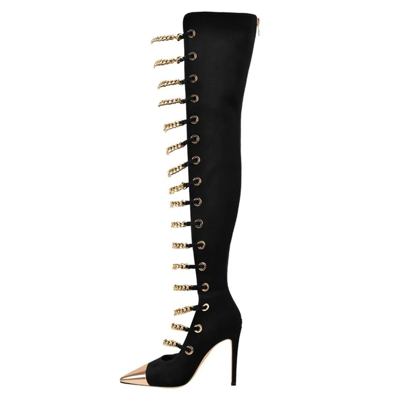 

Metal Chain Women's Over The Knee High Boots Hollow Out Pointed Toe Metal Women's Thigh High Boots High Heels Sexy Stiletto 2023