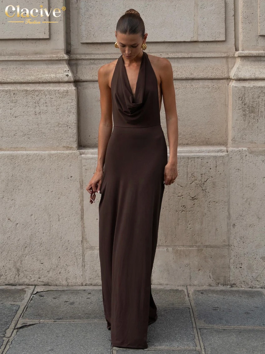 

Сексуальные облегающие коричневые женские платья Clacive, летнее облегающее платье-макси без рукавов с открытой спиной, элегантное женское платье с высокой талией и открытой спиной
