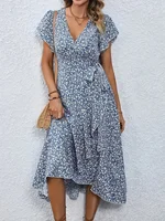 Plus Size 1XL-5XL Women's V-Neck Floral Print Dress Breathable Summer Casual Elegant Dress Sophisticated Style Long Beach Dress - Image 3