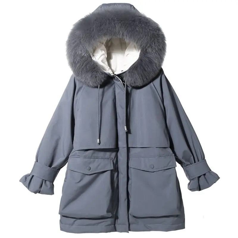 Women's real fox fur white duck down pike down jacket mid-length section 2022 new loose thickened Korean version of large size