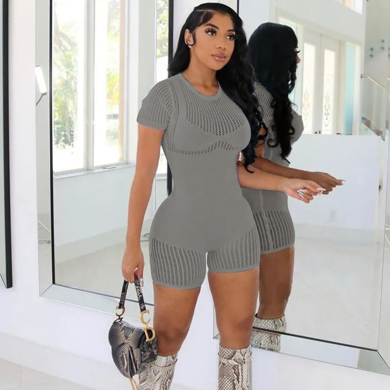 Solid Knitted Short Sleeve Zip Up Sexy Bodycon Skinny One Piece Playsuit 2023 Summer Fashion Streetwear Sport Romper