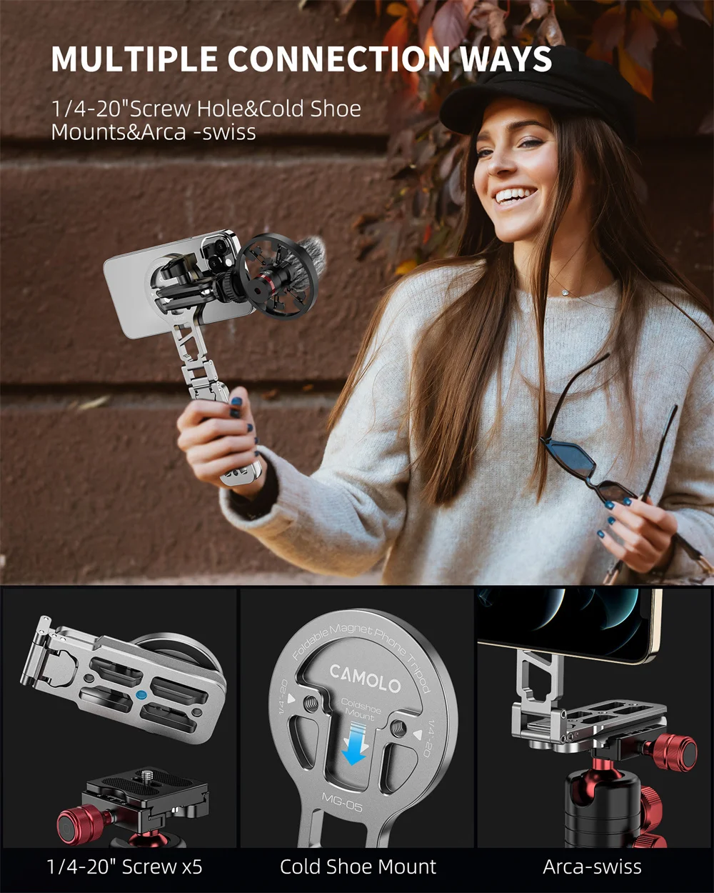 Foldable Magsafe Tripod Magnetic Tripod Handle Selfie stick  Desk Phone Stand w Arca-Swiss Cold Shoe for iPhone 15/14/13 Android