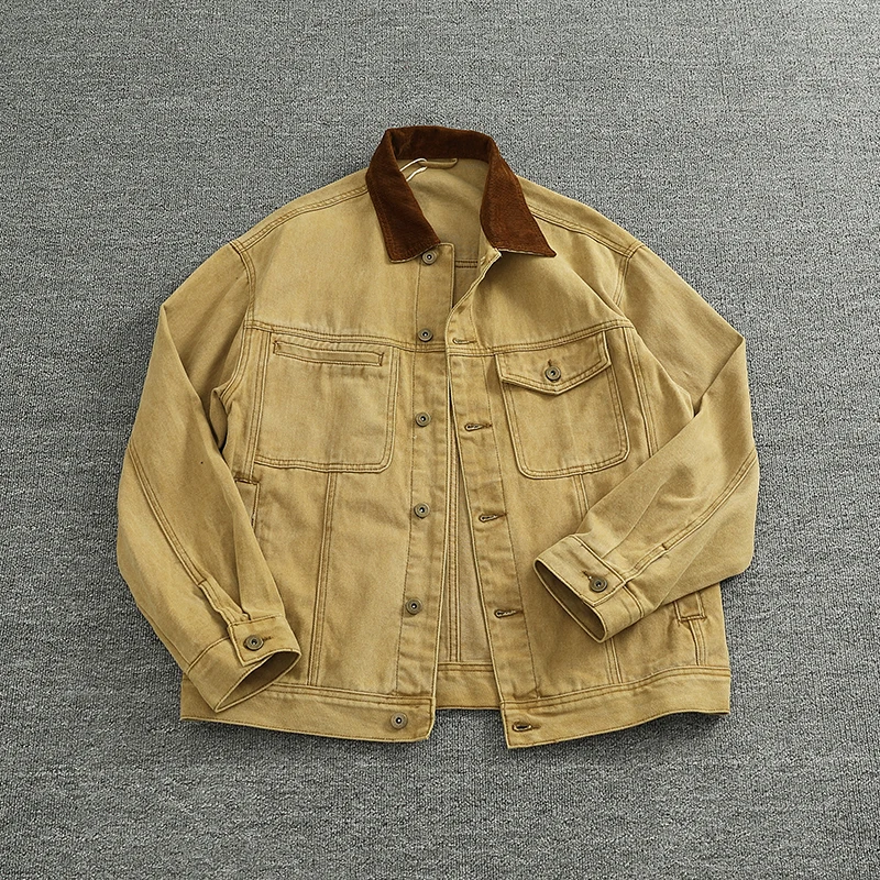 Męska sztruksowa kurtka cargo w kolorze sztruksowym w kolorze khaki w stylu vintage