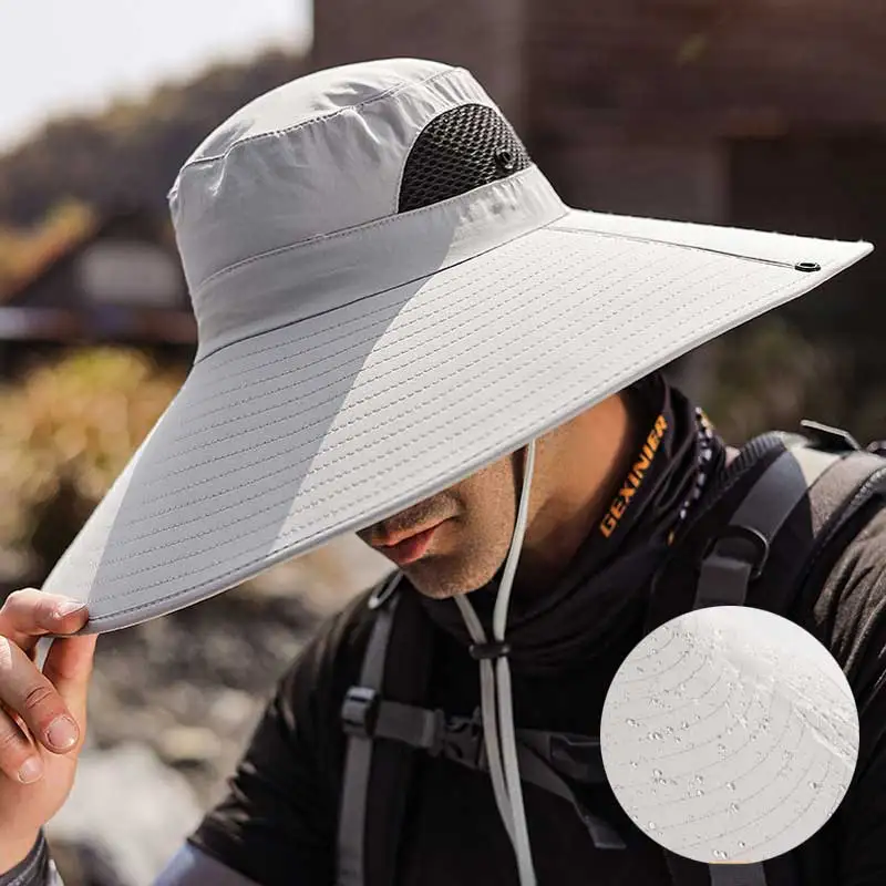 

Outdoor Men Bucket Hat 14cm Large Brim Waterproof Anti-UV Sun Hat Adjustable Large Size Breathable Mesh Camping Fishing Panama