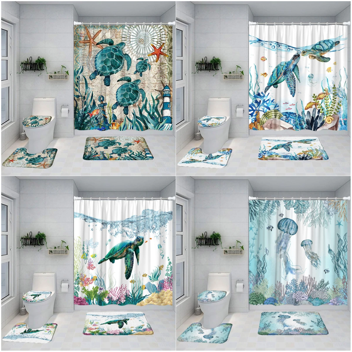 

4Pcs Oceans Animal Shower Curtain Turtle Octopus Coral Vintage Nautical Ship Anchor Map Bathroom Set Toilet Cover Bath Mat Rugs