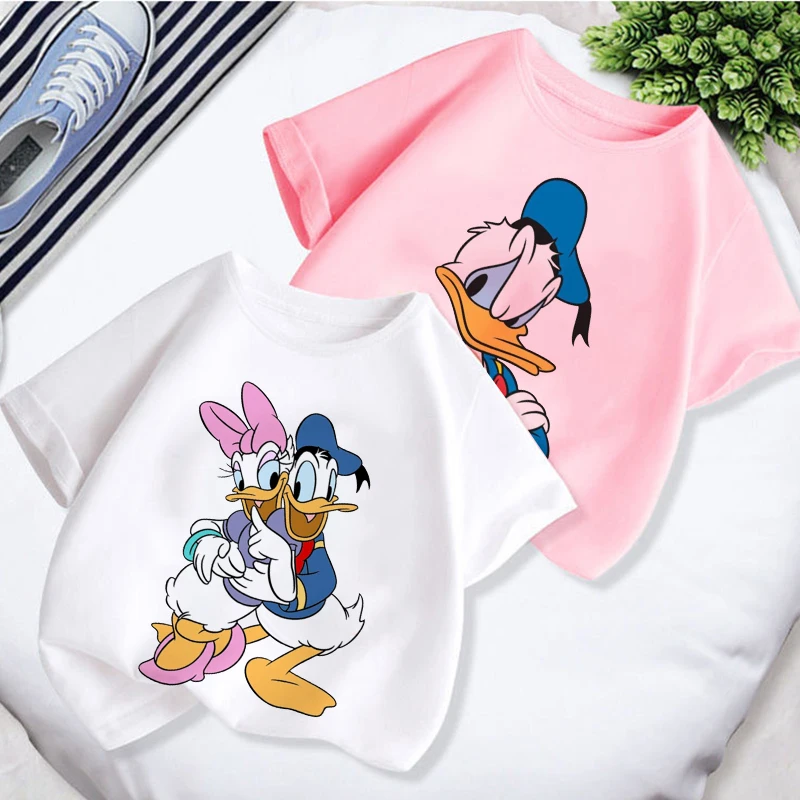 

Disney Donald Duck Cute Cartoon Baby Boy Clothes Summer T-shirt Fashion 2022 New White Short Sleeve Kids Clothes Girls Tees Top