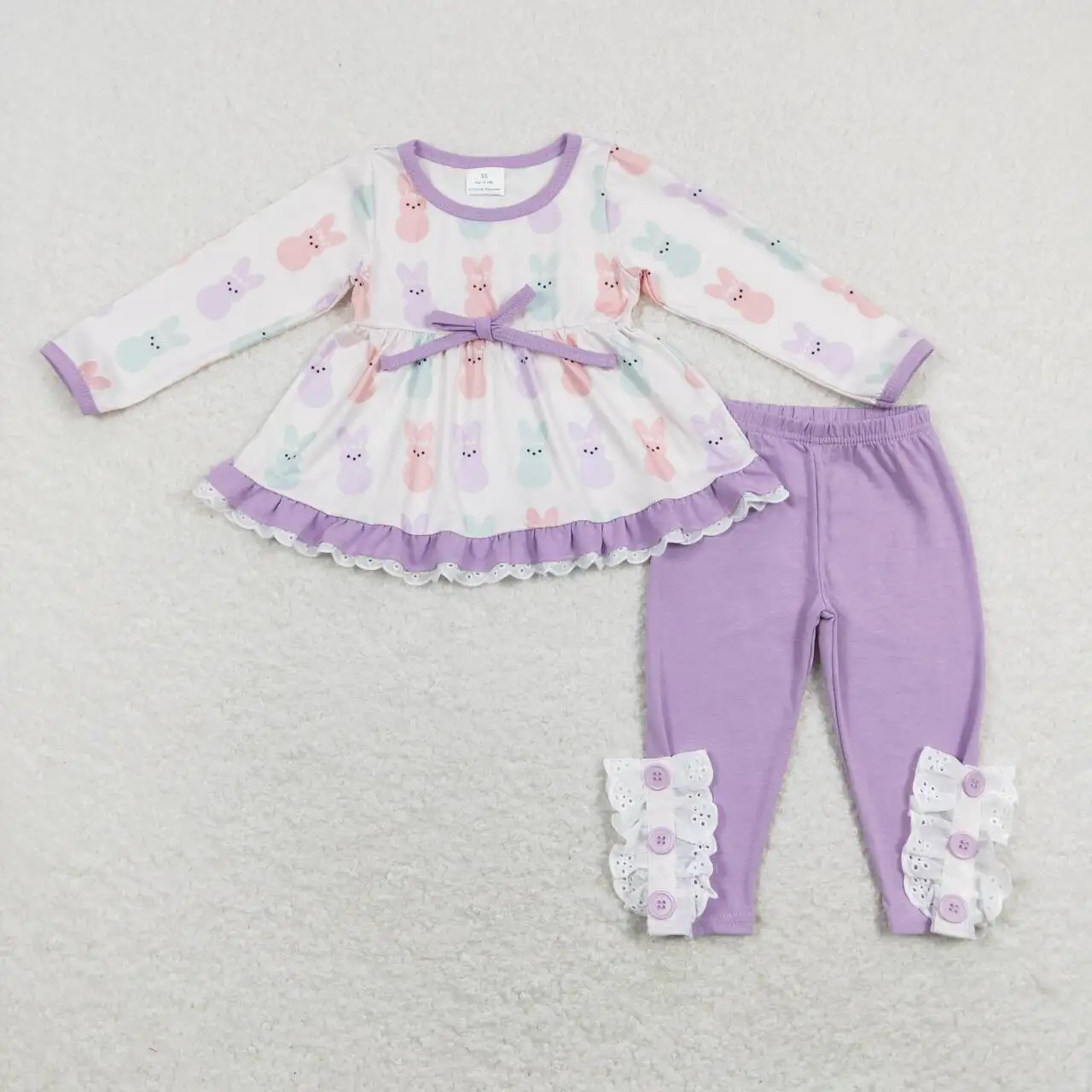 

wholesale hot sale kids baby girls clothes western boutique outfit easter Colorful rabbit lace long-sleeved purple pants suit