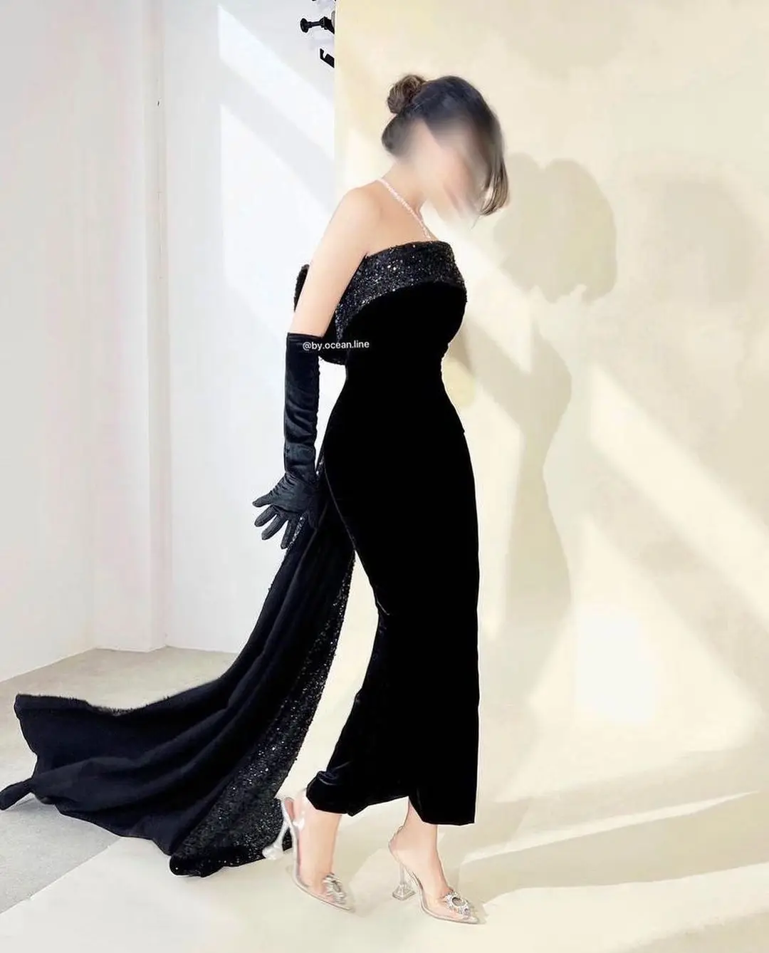 

Black Velvet Long Prom Dresses Sheath Strapless Sequins Ankle Length Saudi Arabia Women Evening Party Dress