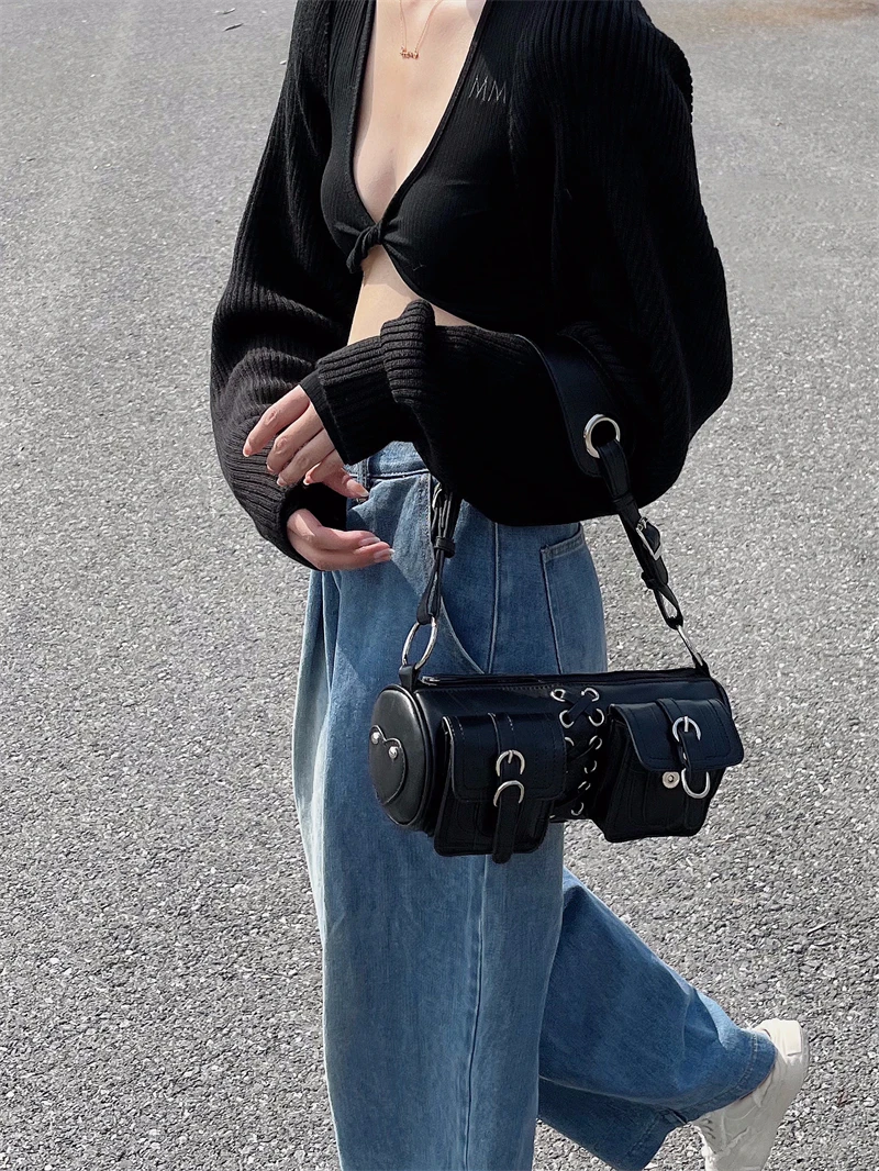 

Vintage Black Women Cylinder Underarm Bags Double Pocket Design Ladies Shoulder Bag Fashion Female PU Leather Purse Handbags