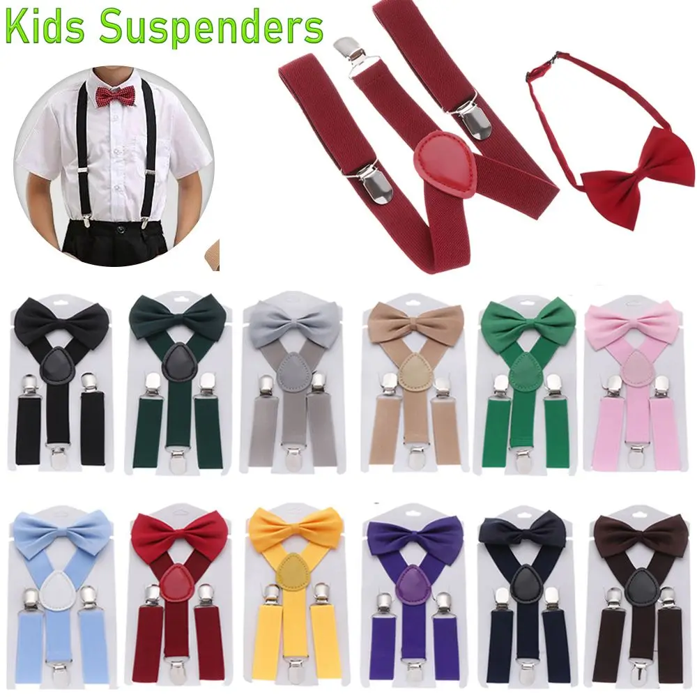 Kids Elastic Suspenders Bow Tie Set Matching Tuxedo Suit Unisex Boy Girl Bowtie Wedding Costume Adjustable Y-Back Brace Belt