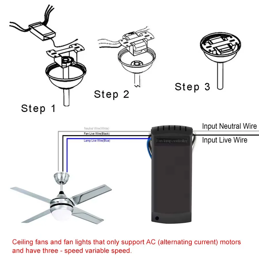 Wireless Ceiling Fan Light Remote Control Switch Kit - AC 110V/220V, 3-Speed, Timer Function