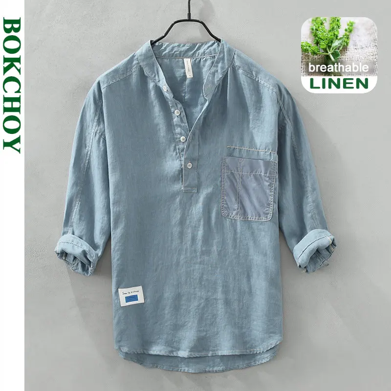 

Summer New Casual Shirts for Men Slim 100% Linen Streetwear Solid Color Men Clothing C3723
