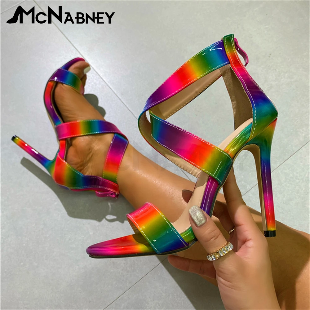 

Colorful Patent Leather Sandals Sexy High-Heeled Shoes Pointed Toe Stiletto Rainbow Color Super High-Heeled Shoes for Women Sale