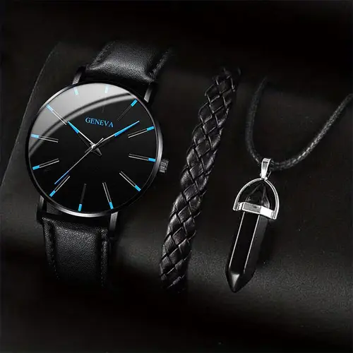 3PCS/Set Men Business Watches Casual Leather Band Analog Male's Quartz Watch Necklace Bracelet Set - Image 7