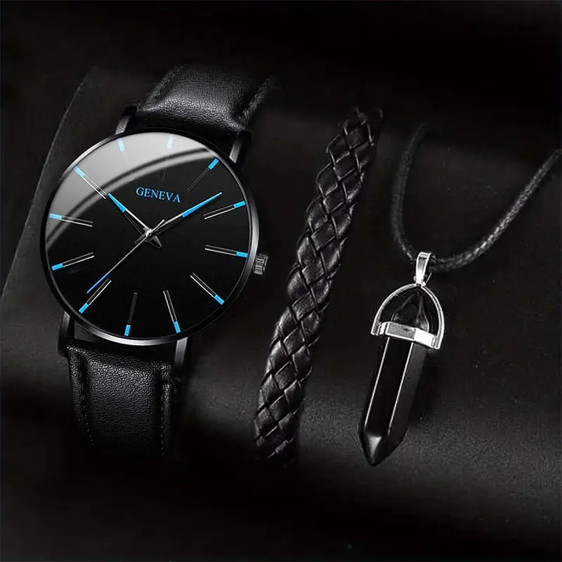 3PCS/Set Men Business Watches Casual Leather Band Analog Male's Quartz Watch Necklace Bracelet Set - Image 7