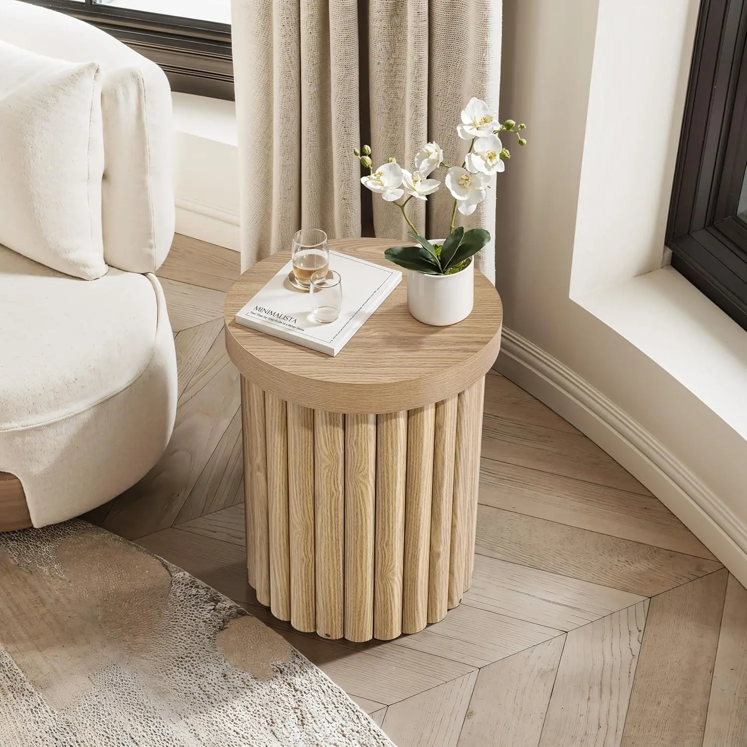 Wood Round Side Table, 19" Fluted Small End Table for Small Spaces, Mid Century Modern Wooden Accent Table, Small Bedside Table 6