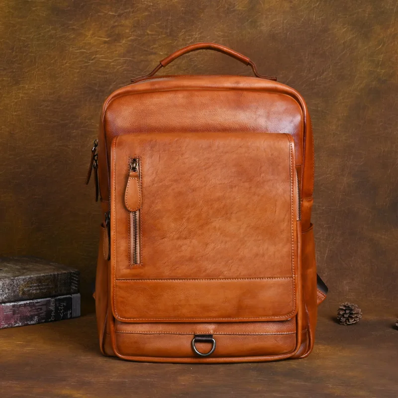 Men's Backpack Vintage Genuine leather Fit 15.6" Laptop Bags Business Rucksack Student School Bag Daypack Big Male Travel Bag