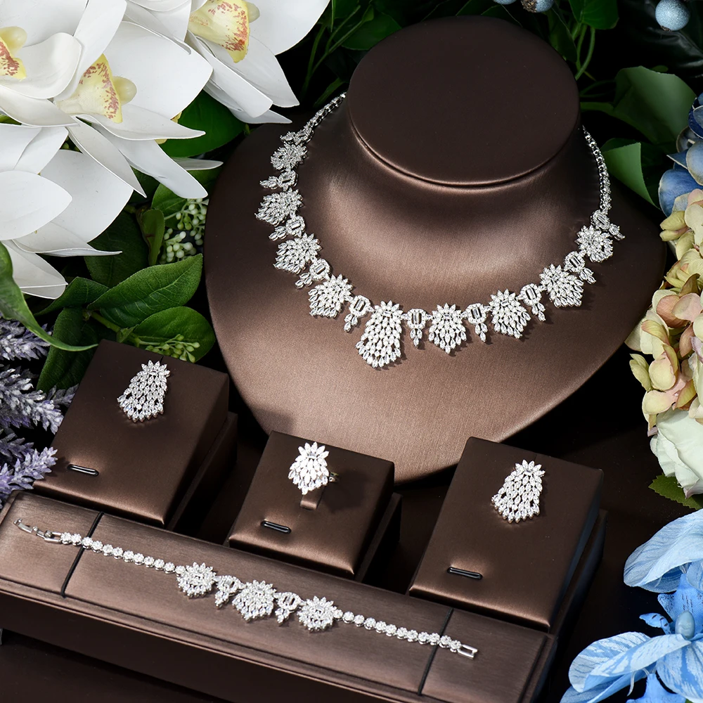 

HIBRIDE Beauty нигерийский CZ кристалл свадебные комплекты ювелирных изделий для свадебных аксессуаров геометрическое ожерелье серьги и кольцо N-1343