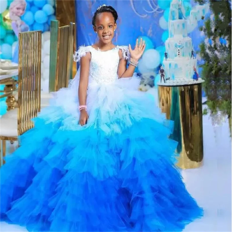 

Flower Girls Dresses Puffy Tulle Sleeveless Floor Length Ruffles Skirt Kids Birthday Party Gowns Feather Child Communion