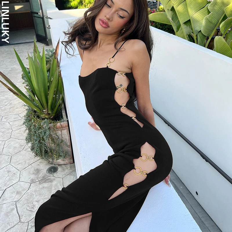 

Temperament New Solid Suede Side Hollow Sexy Dress for Women Spliced Steel Ring Club Party Evening Long Dresses Woman Clothing