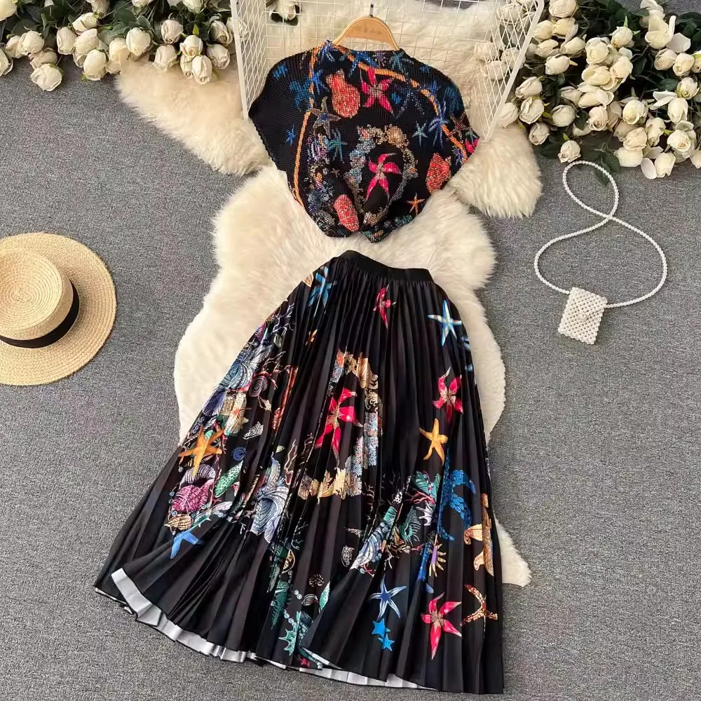 

Women's Spring Summer Runway Fashion Flower Print Top Pleated 2 pcs Set Dress Female Chic Travel Party Dress TB1135